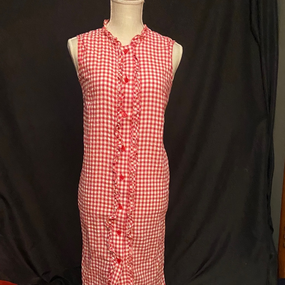 Original Handmade Vintage!!! Sleeveless Red Gingham Button-Front Dress